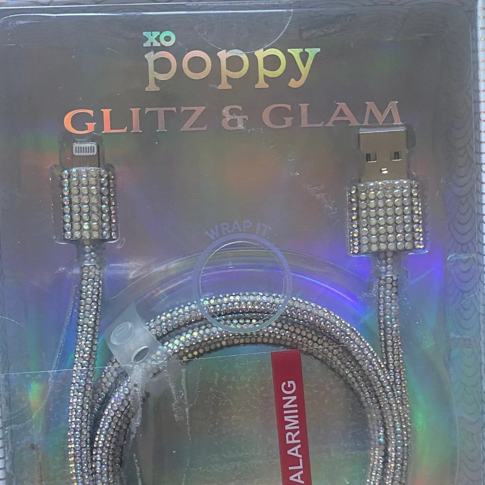 NEW Glitz & Glam XO Poppy Silver Rhinestone Charging Cable- 4 feet